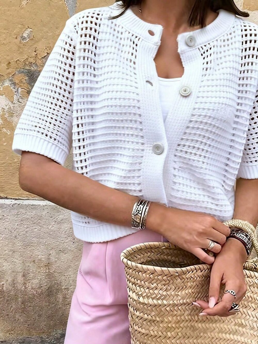 White Casual Knit Women's Short Sleeve Cardigan with Buttons - Picture 6 of 10